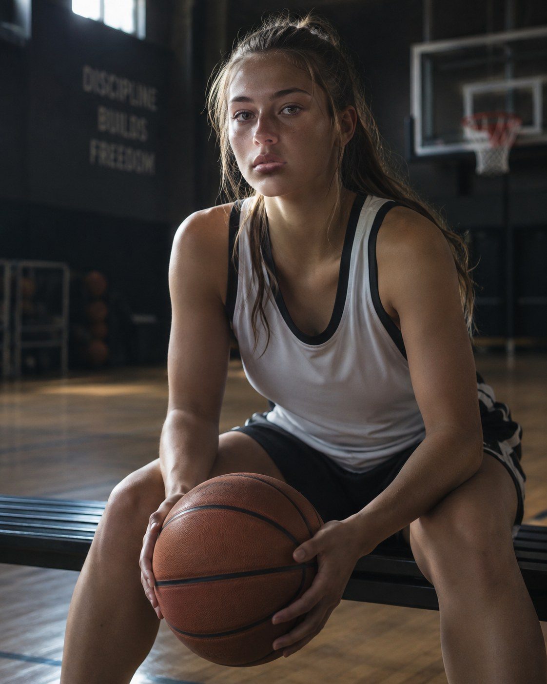A young basketball player sitting on a bench in a dim gym, a ball resting between her hands, looking level at the camera.