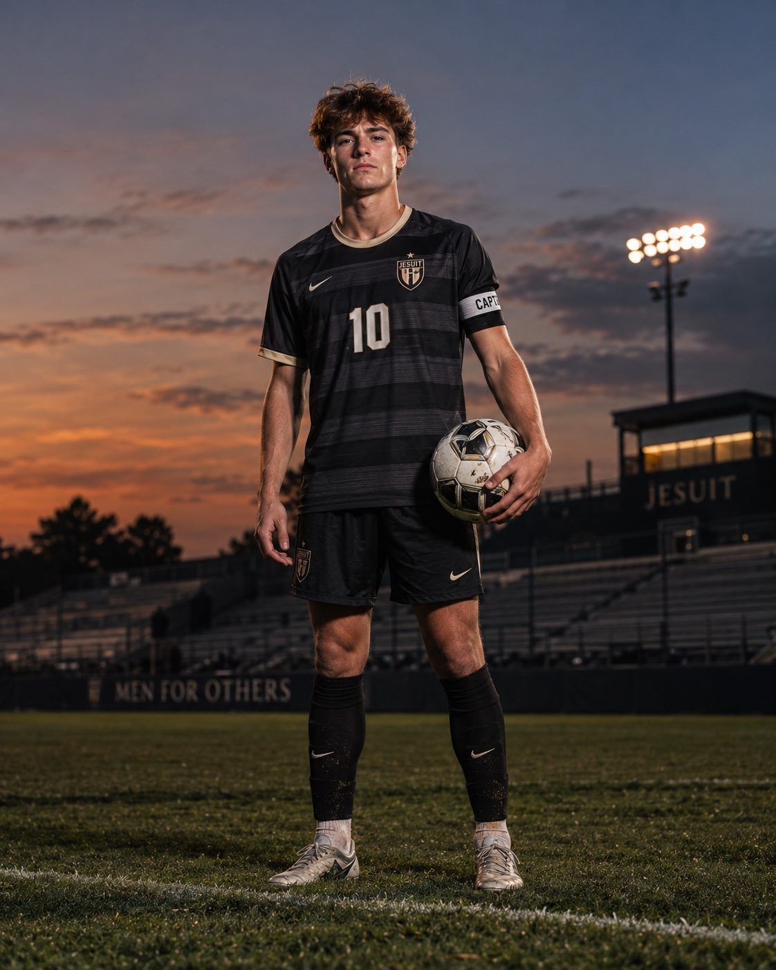 A high-school soccer captain in uniform, team armband and ball in hand, on the field at dusk.