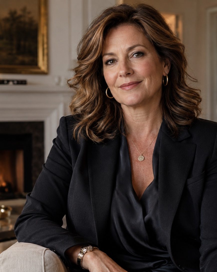 A founder in a black blazer, seated by the fireplace of her home, a level and unhurried expression.