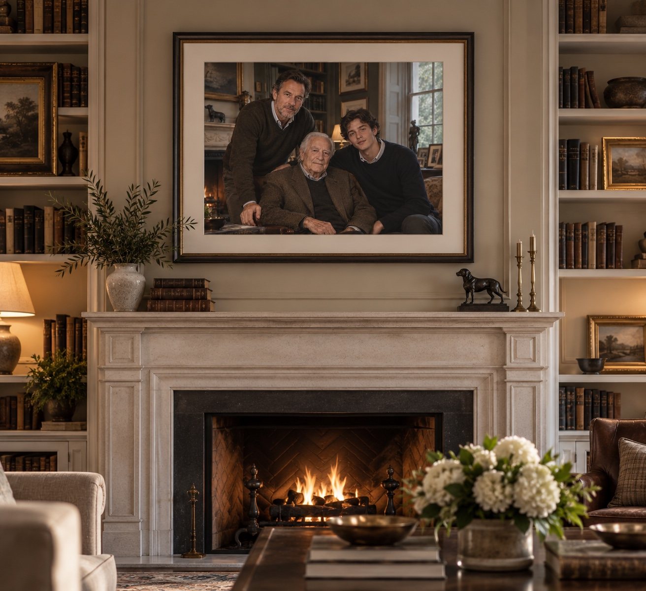 The same portrait printed, matted and framed above a stone fireplace, between shelves of books in a lamp-lit library.