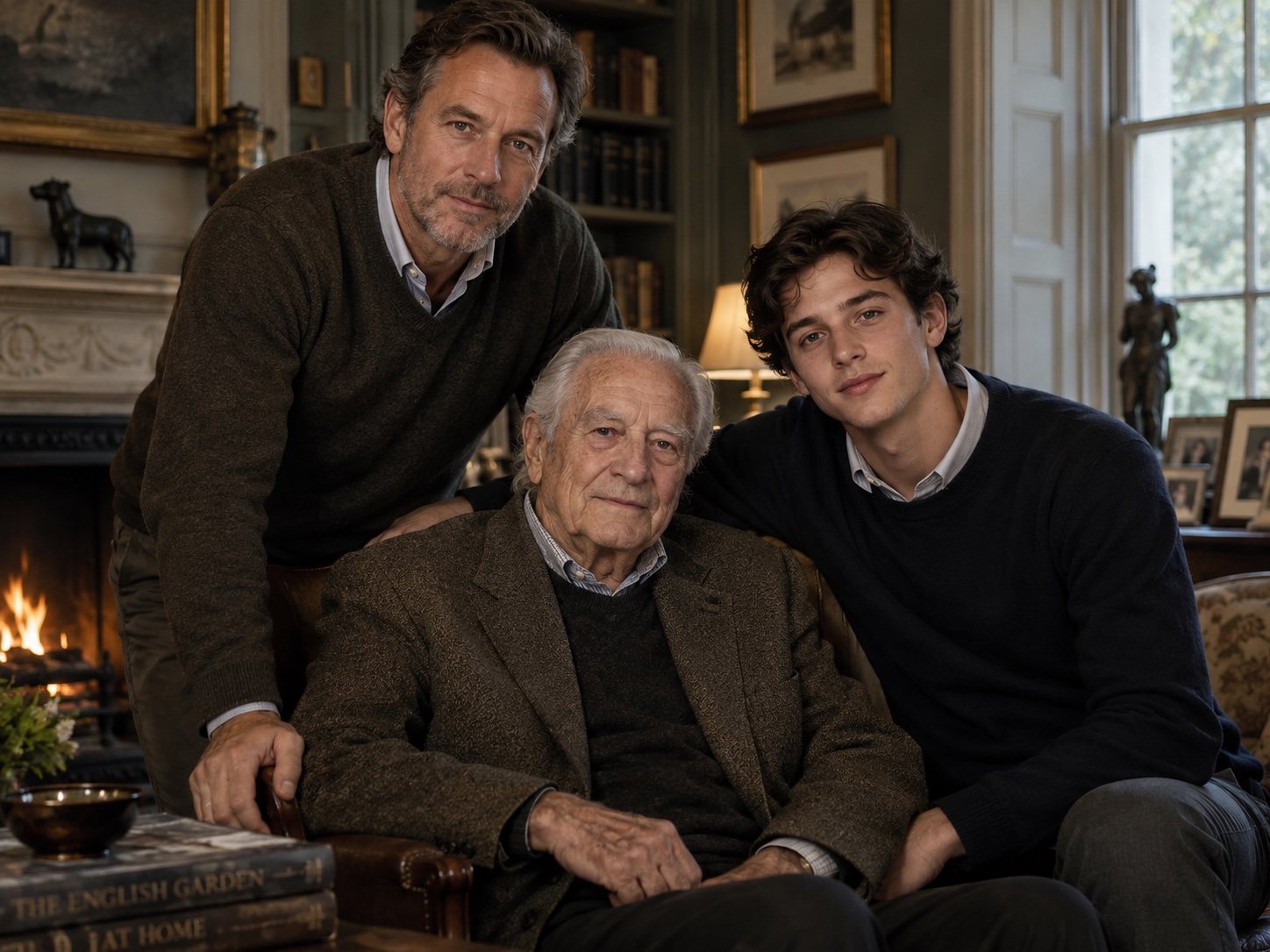 A grandfather seated between his son, standing behind him, and his adult grandson, in the family library.