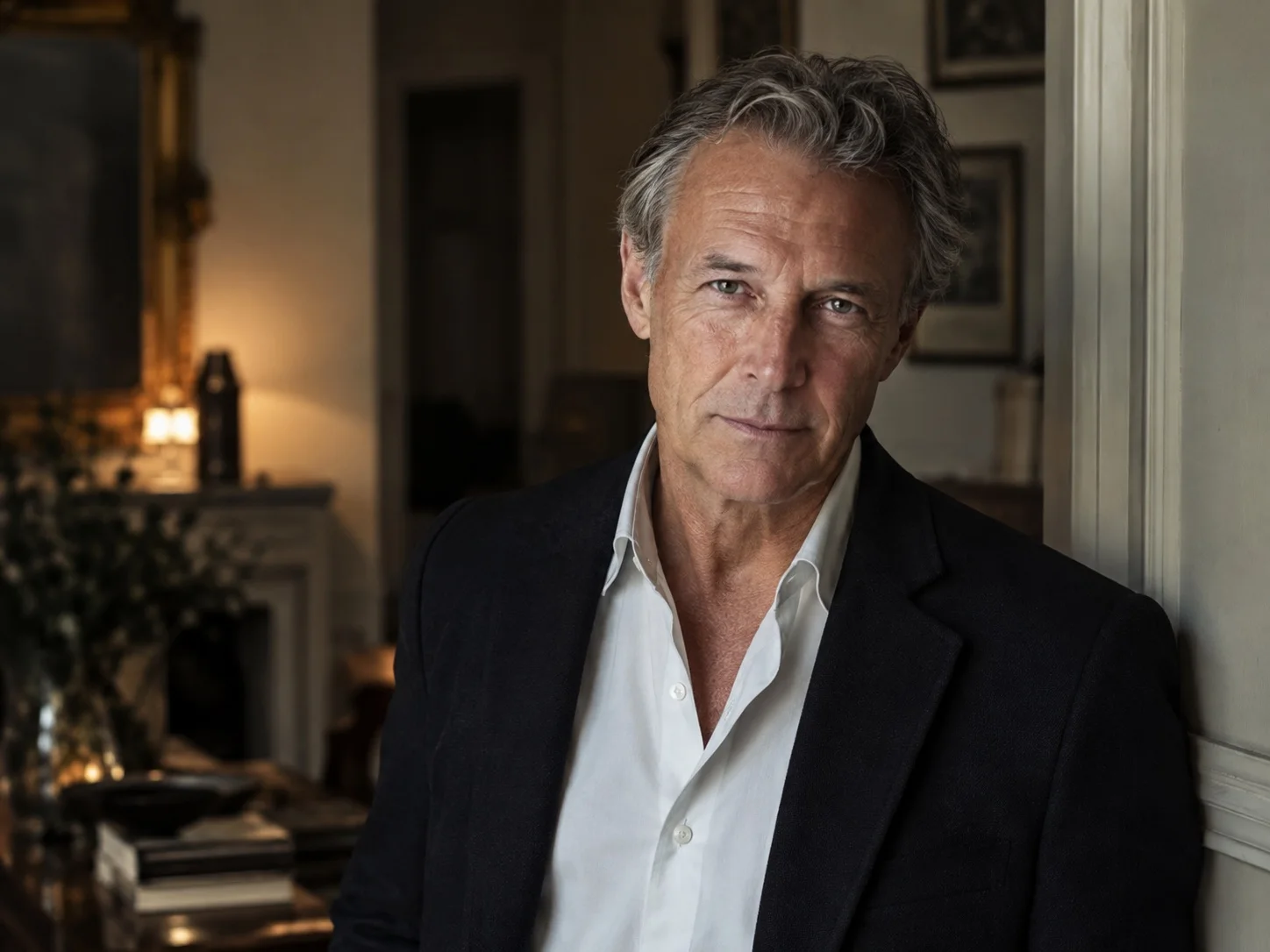 A man in a dark jacket stands in a warm, lamp-lit room, looking calmly toward the camera.