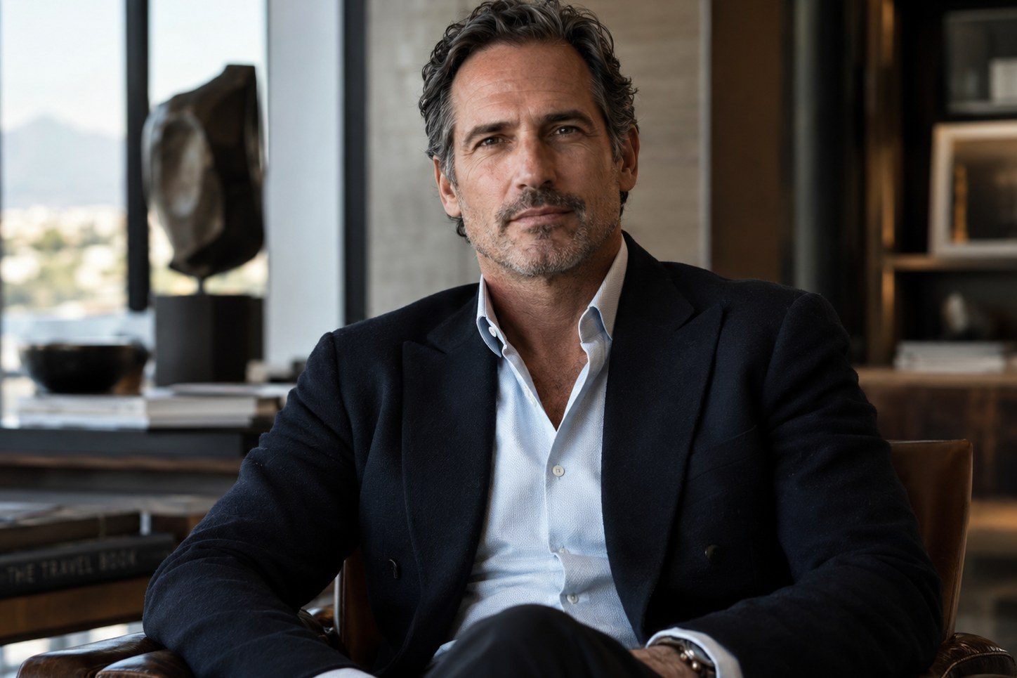 An executive in a navy jacket, seated in a leather chair, the city and a sculpture behind him.