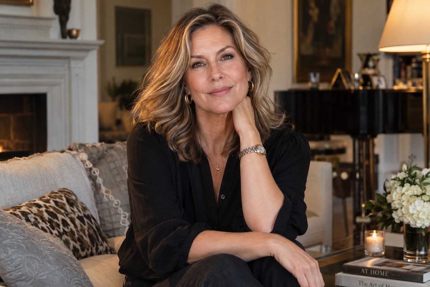 A founder photographed in her own living room, one hand at her neck, a low fire and her work stacked on the table.
