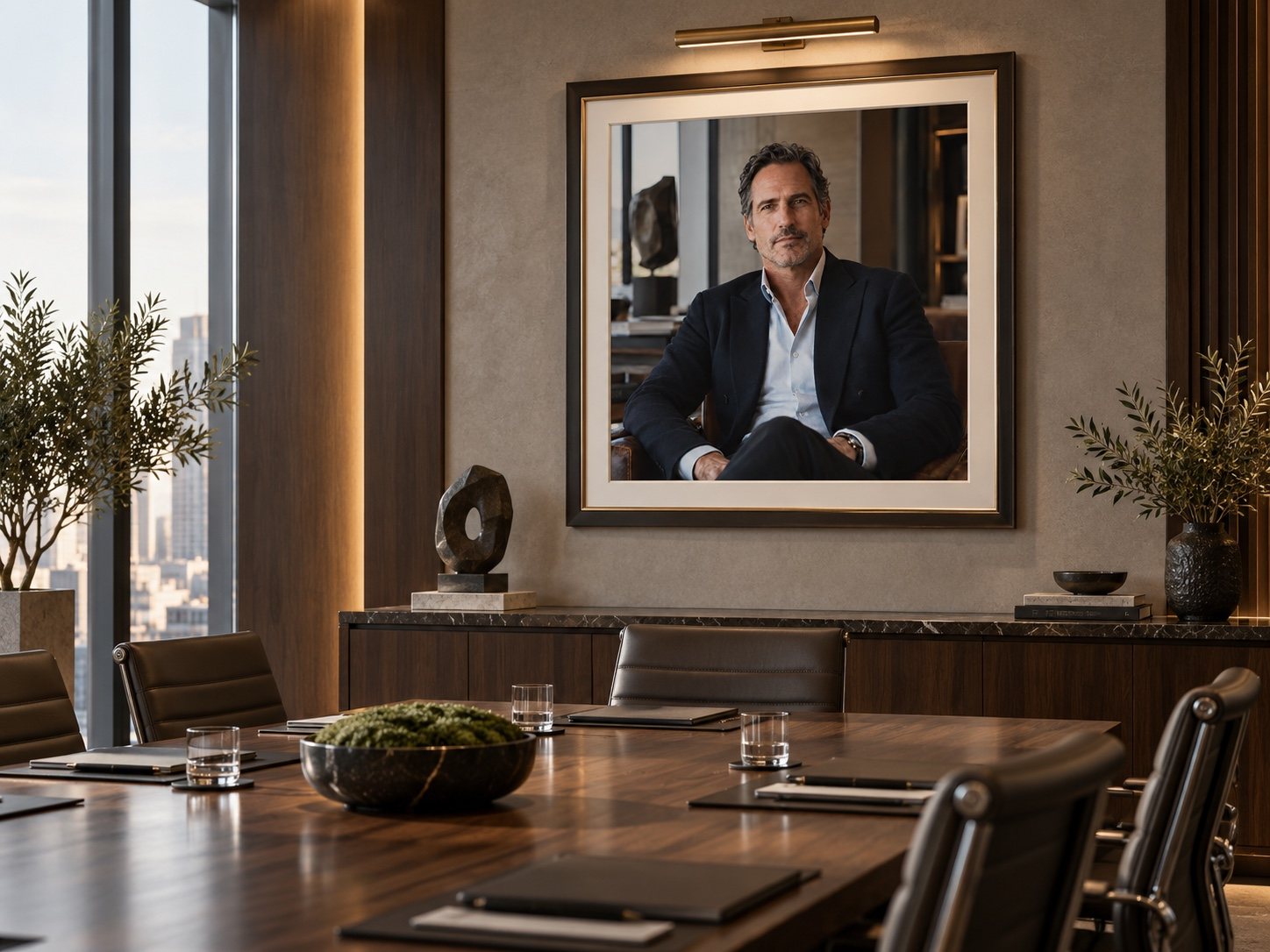 The same portrait printed, matted and framed under a picture light, hanging above a credenza in a boardroom overlooking the city.