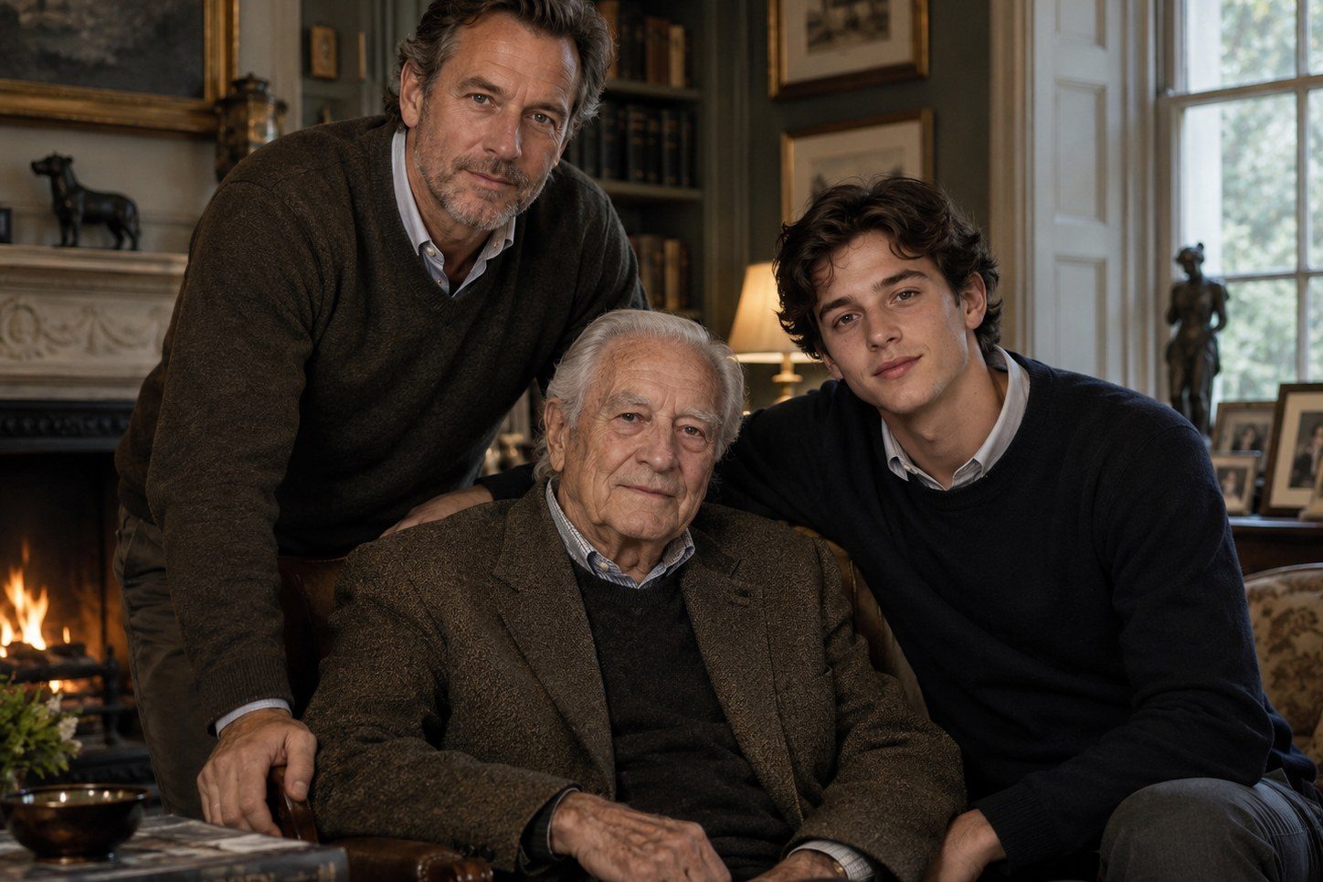 A grandfather seated between his son, standing behind him, and his adult grandson, in the family library.