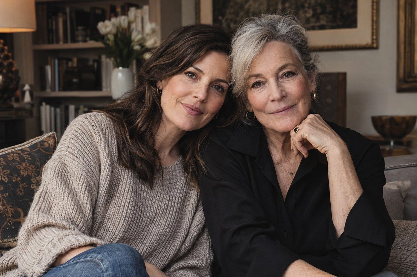 An adult daughter and her elderly mother seated close on a sofa, heads resting together, in a book-lined living room.