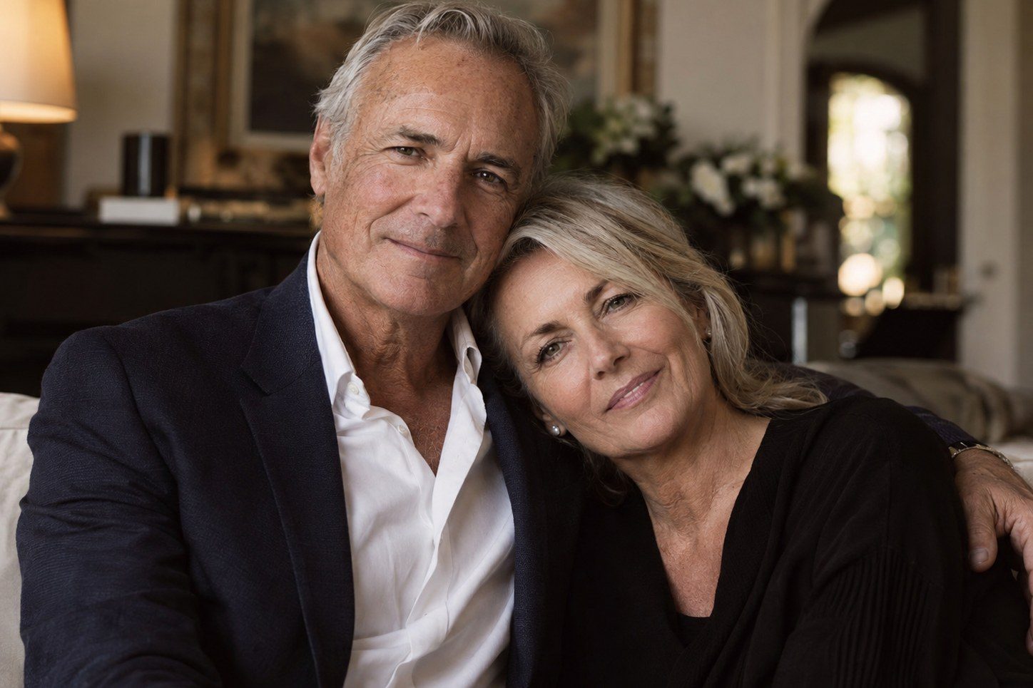 A couple in their sixties on a sofa, the woman’s head resting on the man’s shoulder, a warm living room behind them.