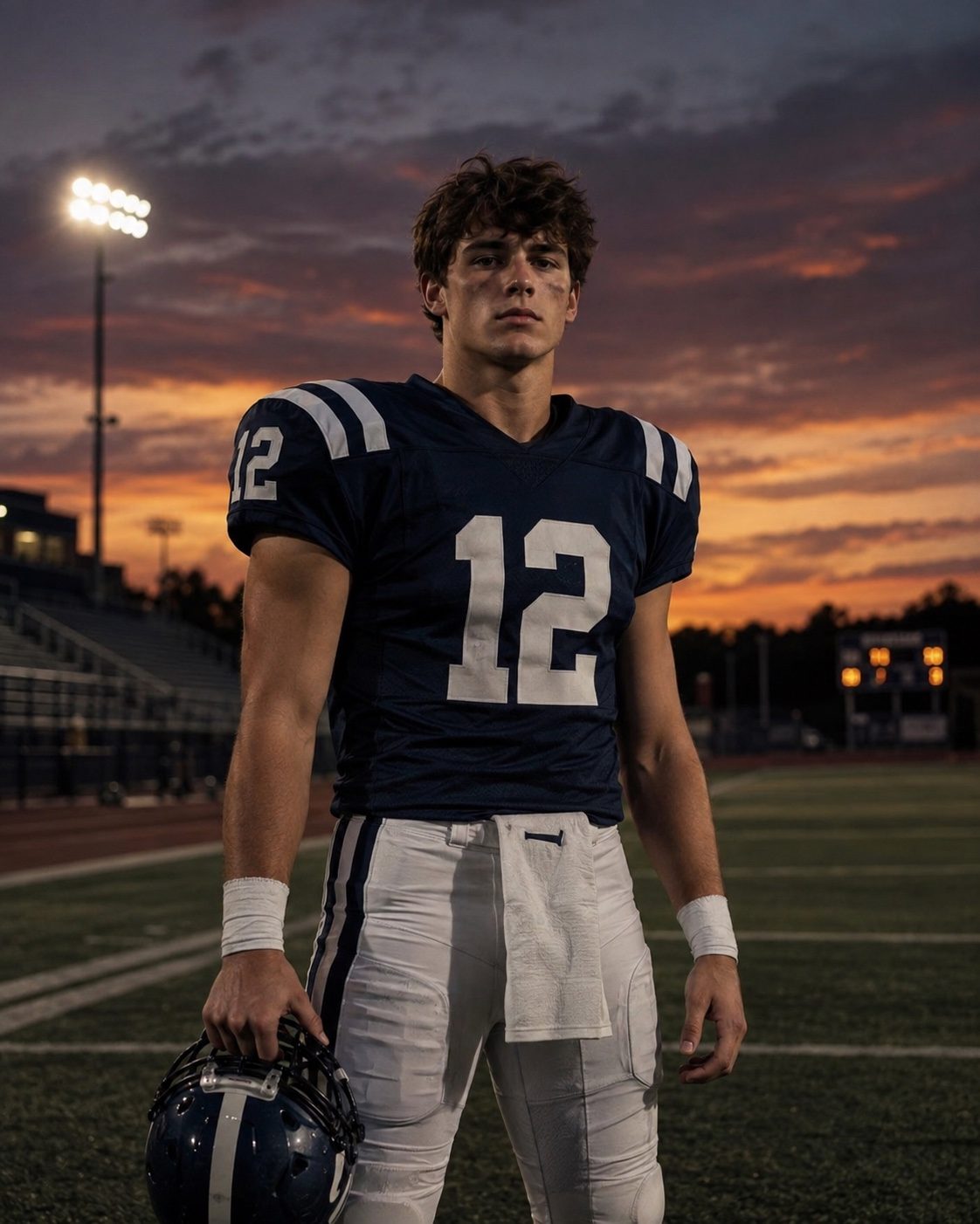A high-school football player in uniform, helmet in one hand, on the field under stadium lights at dusk.