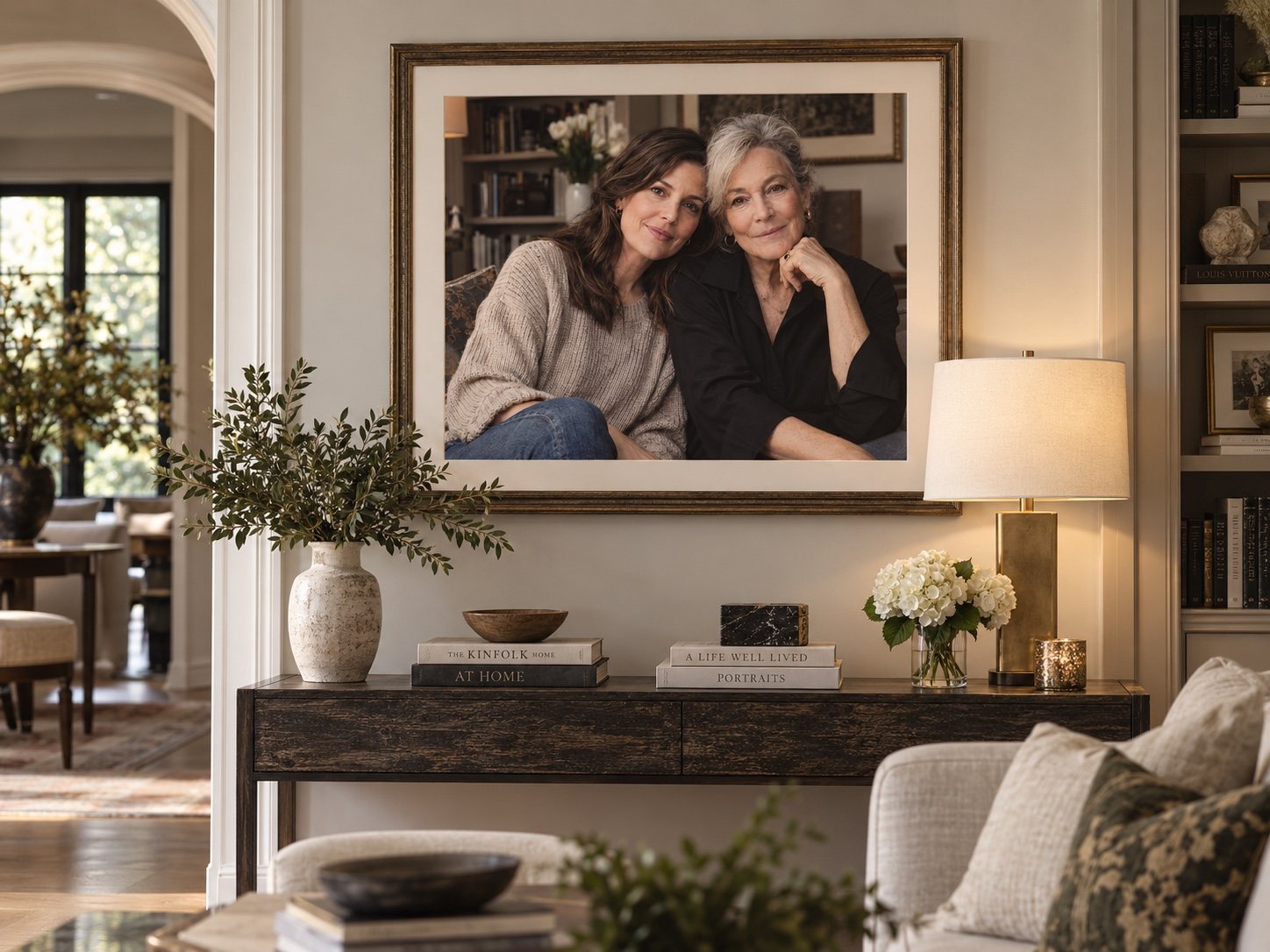 The same portrait printed, matted and set in a dark wood frame, hanging above a console in a lamp-lit living room.