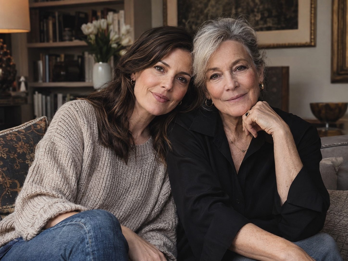A mother and her adult daughter seated close on a sofa in a book-lined living room.